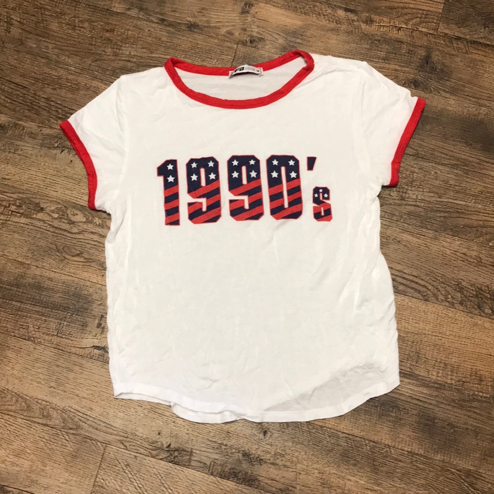 White & Red Ringer Graphic 1990’s Crop T-shirt M - Picture 1 of 5